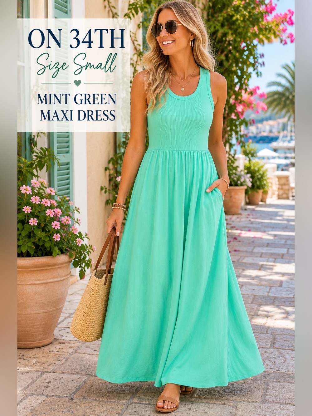 On 34th Mint Green Maxi Dress Size Small Sleeveless Tank Dress Pockets
